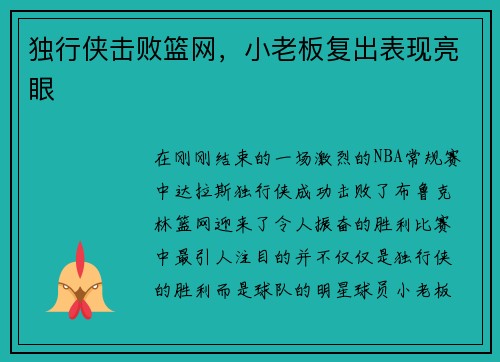 独行侠击败篮网，小老板复出表现亮眼